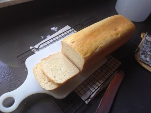 A perfect loaf of bread, sliced by me with the left-handed serrated knife.